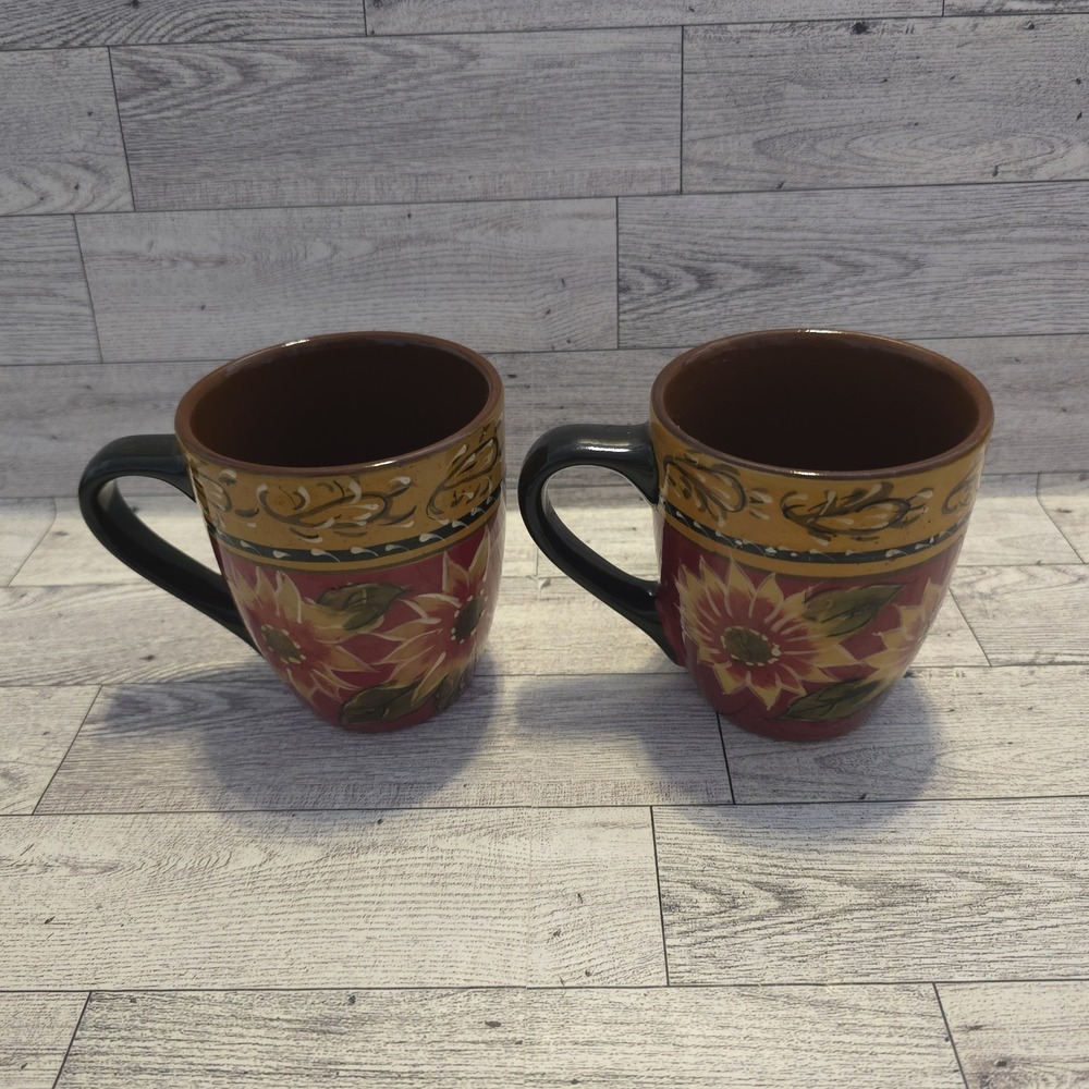 Pier 1 Sunflower Mug Set Tuscan Fall Autumn Stoneware Coffee Cup Pair - Picture 3 of 10
